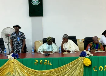 Ogun Commissioner of Police, CP Abiodun Alamutu; FUNAAB VC, Prof. Olusola Kehinde; Prof. Tope Popoola and the Global President of the Alumni Association of Federal University of Agriculture, Abeokuta, Dr Segun Ogundiran, at the 26th Annual Convention of the association on Saturday in Abeokuta.