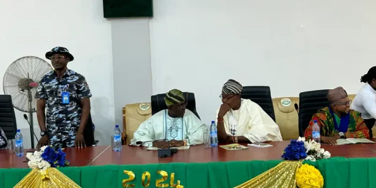 Ogun Commissioner of Police, CP Abiodun Alamutu; FUNAAB VC, Prof. Olusola Kehinde; Prof. Tope Popoola and the Global President of the Alumni Association of Federal University of Agriculture, Abeokuta, Dr Segun Ogundiran, at the 26th Annual Convention of the association on Saturday in Abeokuta.