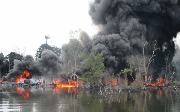 The scene at Bugama, Asari Toru Local Government Area of Rivers State where Nigerian Navy Ship (NNS) Pathfinder, Port Harcourt destroyed illegal crude oil refineries