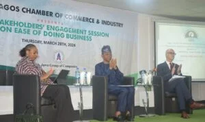 Dr Jumoke Oduwole, Special Adviser to President on PEBEC and Investment, Mr Gabriel Idahosa, President, LCCI and Dr Oliver Stolpe, Country Representative, United Nations Office on Drugs and Crime, on Thursday in Lagos at the LCCI Stakeholders’ Engagement Session on Ease of Doing Business
