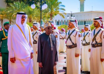President Bola Tinubu and Emir of the State of Qatar, Sheikh Tamim bin Hamad Al Thani, at the Presidential Palace in Doha.