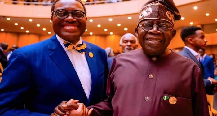 Tinubu jubilates with AfDB President, Adesina over Leadership award