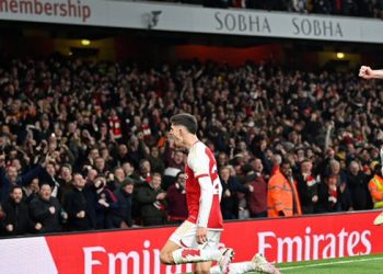 Arsenal’s German midfielder, Kai Havertz celebrates scoring the team’s second goal during the English Premier League football match between Arsenal and Brentford at the Emirates Stadium in London on March 9, 2024.