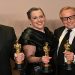 British film producer Emma Thomas, US film producer Charles Roven, and British filmmaker Christopher Nolan (also Best Director) pose in the press room with the Oscar for Best Picture for “Oppenheimer” during the 96th Annual Academy Awards at the Dolby Theatre in Hollywood, California on March 10, 2024.
