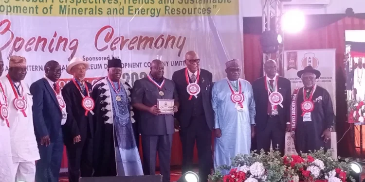 Gov Caleb Mutfwang of Plateau (5th from right), Gwom Gbong Jos , Da Jacob Gyang (6th from right) after their conferment as fellows of the Nigerian Mining and Geosciences Society during their 59th Annual Conference on Tuesday in Jos.