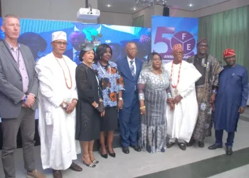 Princess Funlayo Bakare-Okeowo, Managing Director, FAE envelopes Ltd., flanked by leadership of the Lagos Chamber of Commerce and Industry (LCCI), Manufacturers Association of Nigeria (MAN) and other guests at the inaugural World Envelope Day on Tuesday in Lagos