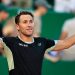 Norway’s Casper Ruud celebrates after winning against Serbia’s Novak Djokovic at the end of their Monte Carlo