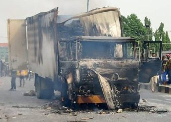Burnt-out trailer after an accident on Lagos-Ibadan Expressway