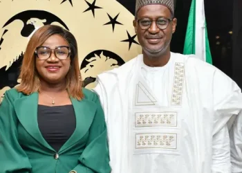NUJ, FCT Council Journalists’ Chairman, Ms. Grace Ike and Minister of Housing and Urban Development, Ahmed Dangiwa