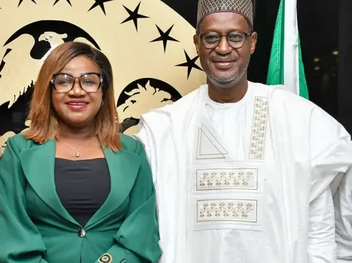 NUJ, FCT Council Journalists’ Chairman, Ms. Grace Ike and Minister of Housing and Urban Development, Ahmed Dangiwa