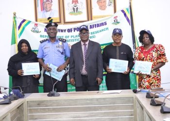 Mr. Francis Pius (Procurement), Deputy Director, Information & Public Relations Unit, Bolaji Oladimeji Kazeem, Commandant Police College (Wudil, Kano), AIG Patrick Adedeji Atayero, Permanent Secretary, Dr Anuma Ogbonnaya Nlia, Deputy Director, Reform Coordinator and Service Improvement, Hamisu Hassan Ibrahim, Mrs. Onifade Comfort (Internal Audit) during the signing ceremony held at the Sector-Wide Ministerial Performance Management System (MPMS) retreat in the Headquarters of the Ministry of Police Affairs, Federal Secretariat, Phase III, Abuja.