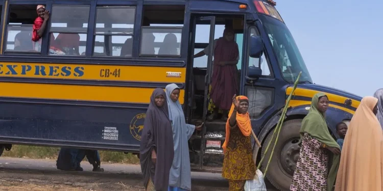 Borno Farmers are escorted to the fields by bus for safety reasons [PHOTO CREDIT: BBC]