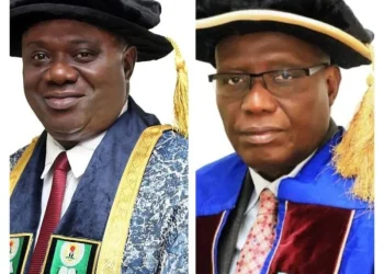 L-R: NOUN VC, Prof. Uduma Uduma and immediate past VC, Prof. Olufemi Peters.