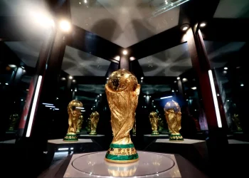 A FIFA World Cup trophy displayed at the Akron Stadium, where it arrived as the second part of its tour in Zapopan, Mexico