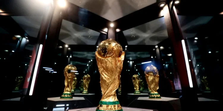 A FIFA World Cup trophy displayed at the Akron Stadium, where it arrived as the second part of its tour in Zapopan, Mexico
