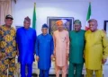 Minister of Marine and Blue Economy and Leader of the All Progressives Congress (APC) in Osun, Dr Adegboyega Oyetola (third from left) with some former members of the Osun State Assembly during a strategic meeting in the Minister’s country home in Iragbiji, Boripe Local Government Area, Osun.