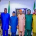 Minister of Marine and Blue Economy and Leader of the All Progressives Congress (APC) in Osun, Dr Adegboyega Oyetola (third from left) with some former members of the Osun State Assembly during a strategic meeting in the Minister’s country home in Iragbiji, Boripe Local Government Area, Osun.