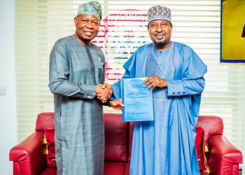 Chairman of the Nigeria Police Force committee on State Police, Professor Olu Ogunsakin, presents on behalf of IGP, Olatunji Rilwan Disu, a framework for the establishment of State Police to the Deputy President of the Senate, Senator Barau I Jibrin, at the National Assembly, Abuja, on Thursday
