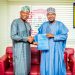 Chairman of the Nigeria Police Force committee on State Police, Professor Olu Ogunsakin, presents on behalf of IGP, Olatunji Rilwan Disu, a framework for the establishment of State Police to the Deputy President of the Senate, Senator Barau I Jibrin, at the National Assembly, Abuja, on Thursday