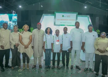 The three best graduands of the 2026 NEPL/Seplat Joint Venture Teachers Empowerment Programme (STEP), flanked by dignitaries