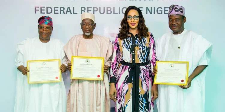 Bianca Odumegwu-Ojukwu with Ambassador Aminu Dalhatu , Ambassador Ayodele Oke and Senator Jimoh Ibrahim