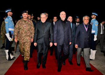 The Iranian delegates led by Parliament speaker, Mohammad Baqer Qalibaf and foreign minister Abbas Araqchi is welcomed by Pankistan Chief of Army Staff Asim Munir