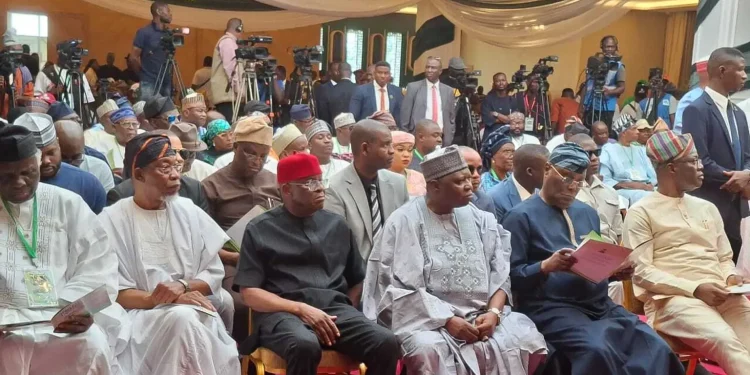 Prof. Jerry Gana, Secretary of ADC, Rauf Aregbesola; National Chairman of ADC, Sen. David Mark; former Vice President Atiku Abubakar and Governor Seyi Makinde of Oyo State during the National Summit of Opposition Political Party Leaders hosted by Governor Makinde in Ibadan