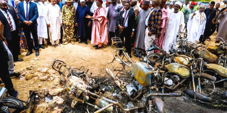 A delegation from the state government has visited the area, the burnt out motorcycles were pictured outside a school