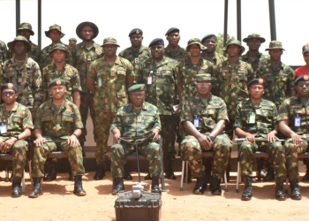 The General Officer Commanding 8 Division and Commander, Sector 2, Joint Task Force (North West), Major General Bemgba Paul Koughna with the pilots