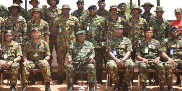 The General Officer Commanding 8 Division and Commander, Sector 2, Joint Task Force (North West), Major General Bemgba Paul Koughna with the pilots