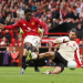 obbie Mainoo evades the challenge of Dominik Szoboszlai to score the winner for Manchester United.