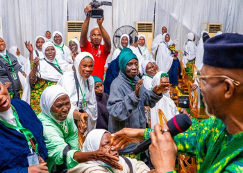 Gov Dapo Abiodun with some of pilgrims before the inaugural flight Hajj operations from Gateway International Airport, Iperu Remo
