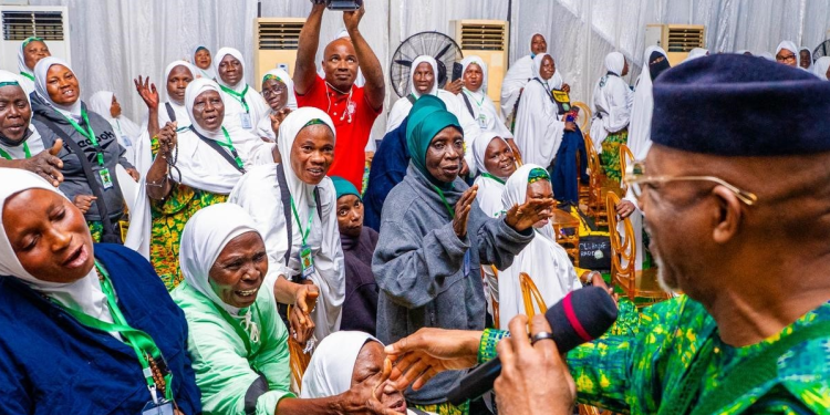 Gov Dapo Abiodun with some of pilgrims before the inaugural flight Hajj operations from Gateway International Airport, Iperu Remo