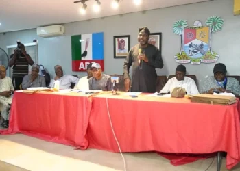 Mr Saleh Yipmong, the All Progressives Congress (APC) House of Representatives Primary Election Committee for Lagos State addressing election officers at the party secretariat on Saturday in Lagos ahead of the primaries.