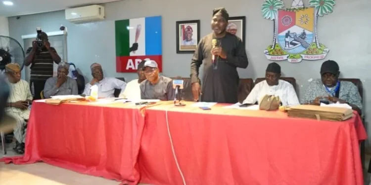 Mr Saleh Yipmong, the All Progressives Congress (APC) House of Representatives Primary Election Committee for Lagos State addressing election officers at the party secretariat on Saturday in Lagos ahead of the primaries.