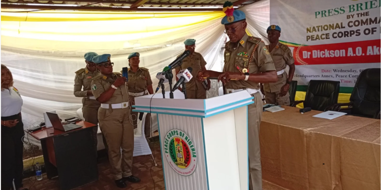 National Commandant of the Peace Corps of Nigeria, Dickson Akoh at a press conference in Abuja.