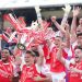 Arsenal players celebrating after lifting EPL trophy after 22 years
