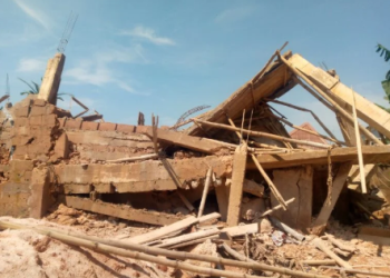 Remains of a two-storey building that collapsed under construction at Gospel Avenue, off Adesuwa Road,  Oredo Local Government Area of Edo state