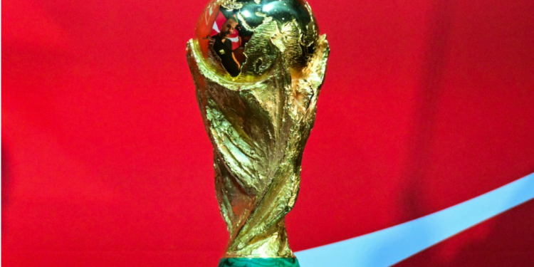 The FIFA World Cup Trophy is displayed during the Los Angeles stop of The FIFA World Cup 26 Trophy Tour by Coca-Cola at LA Live in Los Angeles