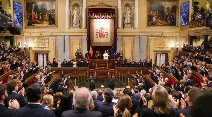 Pope Leo XIV is applauded before delivering a speech during a joint session of the Spanish Parliament.