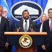 FBI Director Kash Patel, flanked by Acting Attorney General Todd Blanche and Secretary of Health and Human Services Robert F. Kennedy Jr., speaks during a press conference at the Department of Justice in Washington, DC on Tuesday.