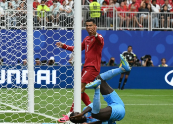 Ronaldo reacts during the 1-1 draw with DR Congo
