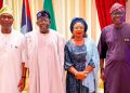Lagos State Governor Babajide Sanwo-Olu presents Obafemi Hamzat and his running mate, Damilola Sonayon-James to President Bola Tinubu.