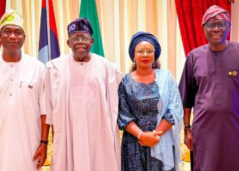 Lagos State Governor Babajide Sanwo-Olu presents Obafemi Hamzat and his running mate, Damilola Sonayon-James to President Bola Tinubu.