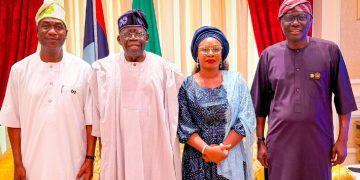 Lagos State Governor Babajide Sanwo-Olu presents Obafemi Hamzat and his running mate, Damilola Sonayon-James to President Bola Tinubu.