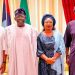Lagos State Governor Babajide Sanwo-Olu presents Obafemi Hamzat and his running mate, Damilola Sonayon-James to President Bola Tinubu.