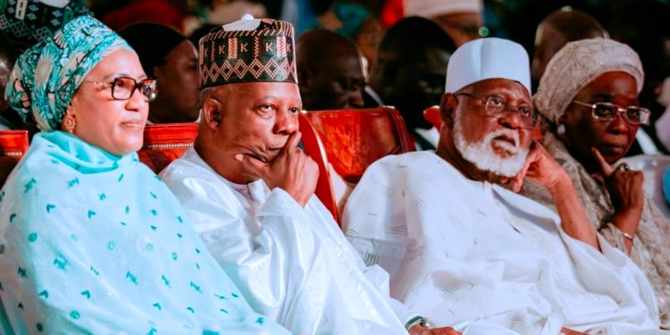 Vice President Kashim Shettima, Gen. Abdulsalami Abubakar and their spouses at Abubakar' s 84 birthday ceremony in Abuja.
