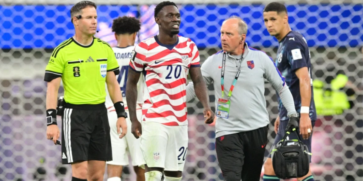US forward #20 Folarin Balogun leaves the pitch during the 2026 World Cup Group D football match between USA and Paraguay at the Los Angeles Stadium in Inglewood