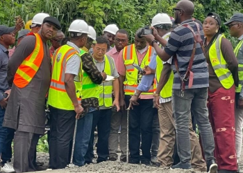 Minister of Works, Sen. Dave Umahi, inspecting Ibadan-Ife-Ilesa Road under construction