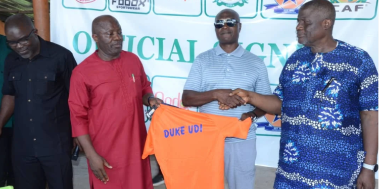 The Technical Adviser, Duke Udi being unveiled by the ODSFA Chairman and the FA Chairman